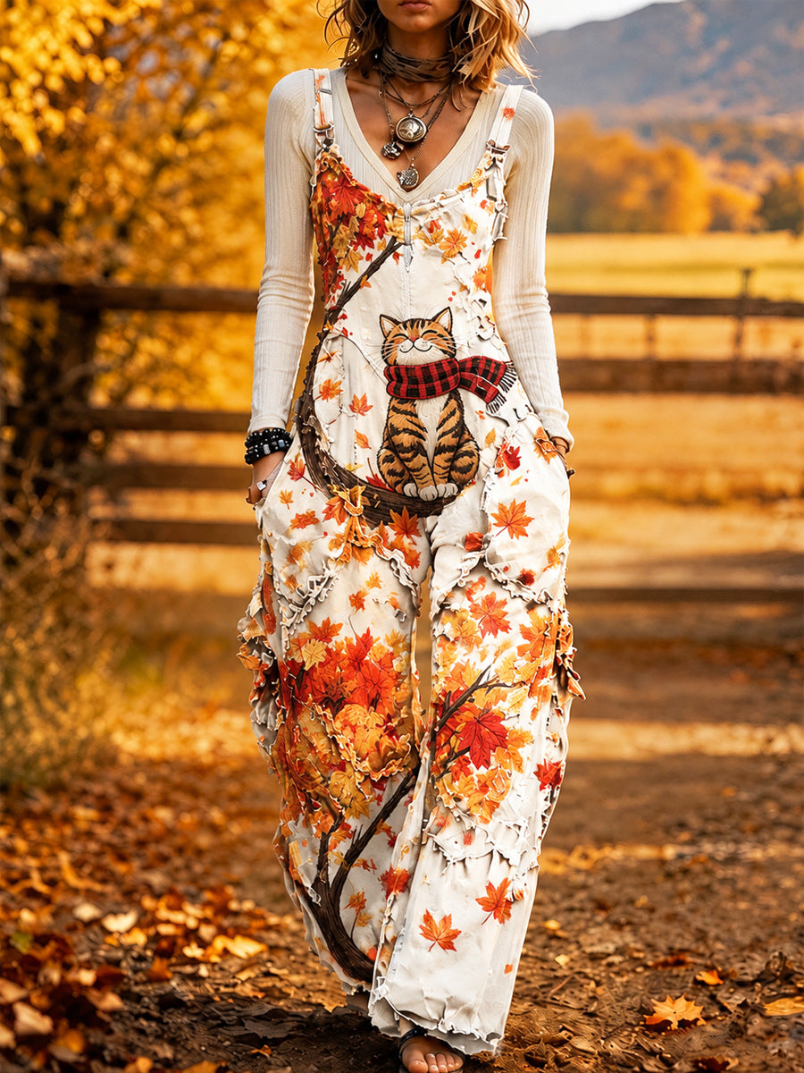 Women's Retro Autumn Style Art Print Washed Cotton Denim Patchwork Jumpsuit